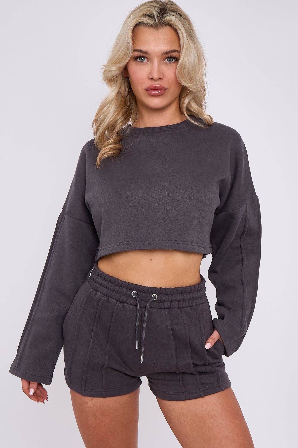 AX Labels - Wholesale Lounge Set - Women's - Seam Detail Oversized Crop Top & Shorts Fleece Co-ord12