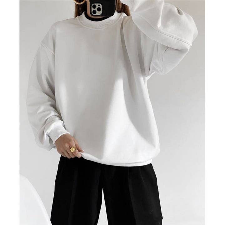 UZ Wholesale Store - Wholesale Sweatshirt - Women's - Casual Loose Fit Solid Color Crewneck Cotton Sweatshirt