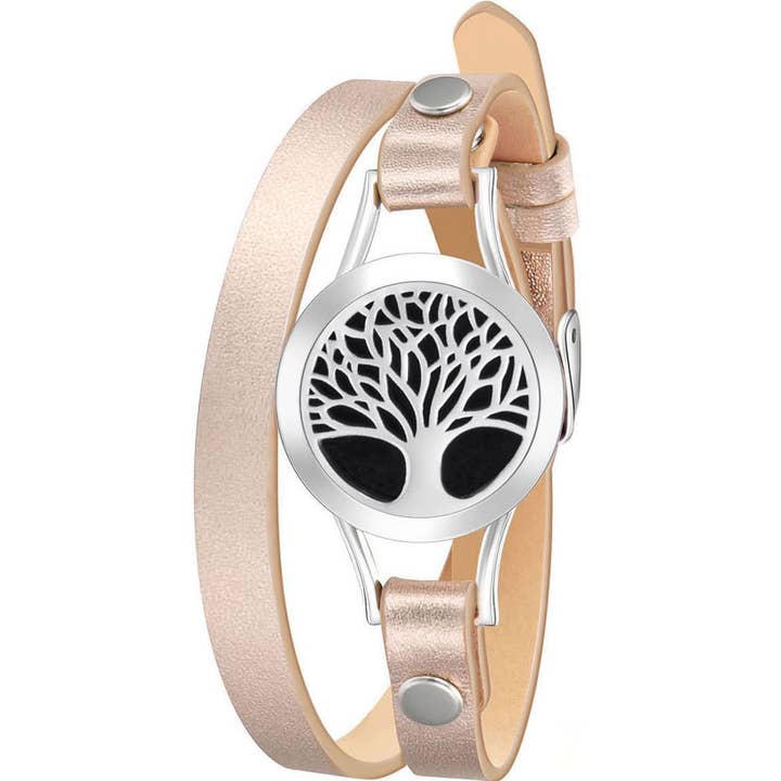 Tree of Life Rose Gold Leather Aromatherapy Wrap Bracelet for wholesale by Wild Essentials