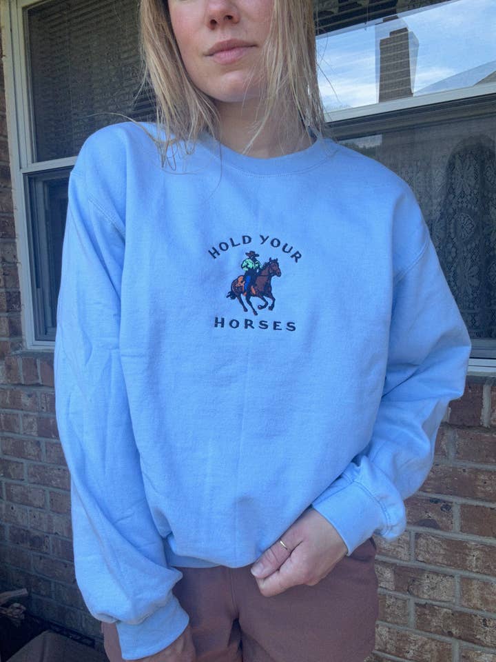 Hold Your Horses Cowboy Embroidered Sweatshirt for wholesale by Lifestyle Outpost