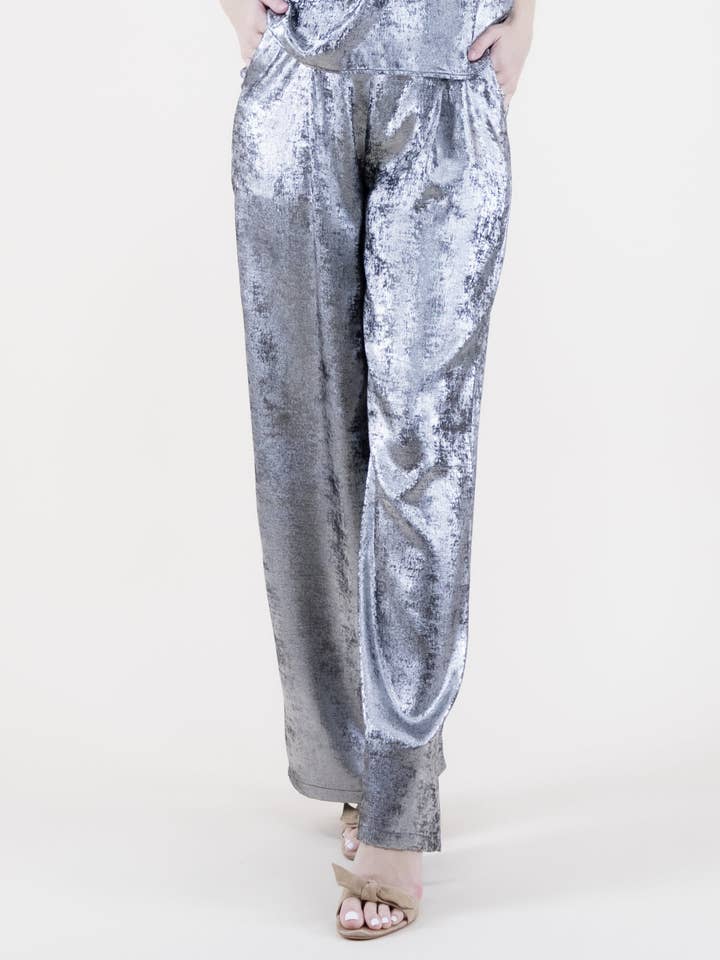 Metallic Front Pleated Wide Leg Pants for wholesale by Original USA