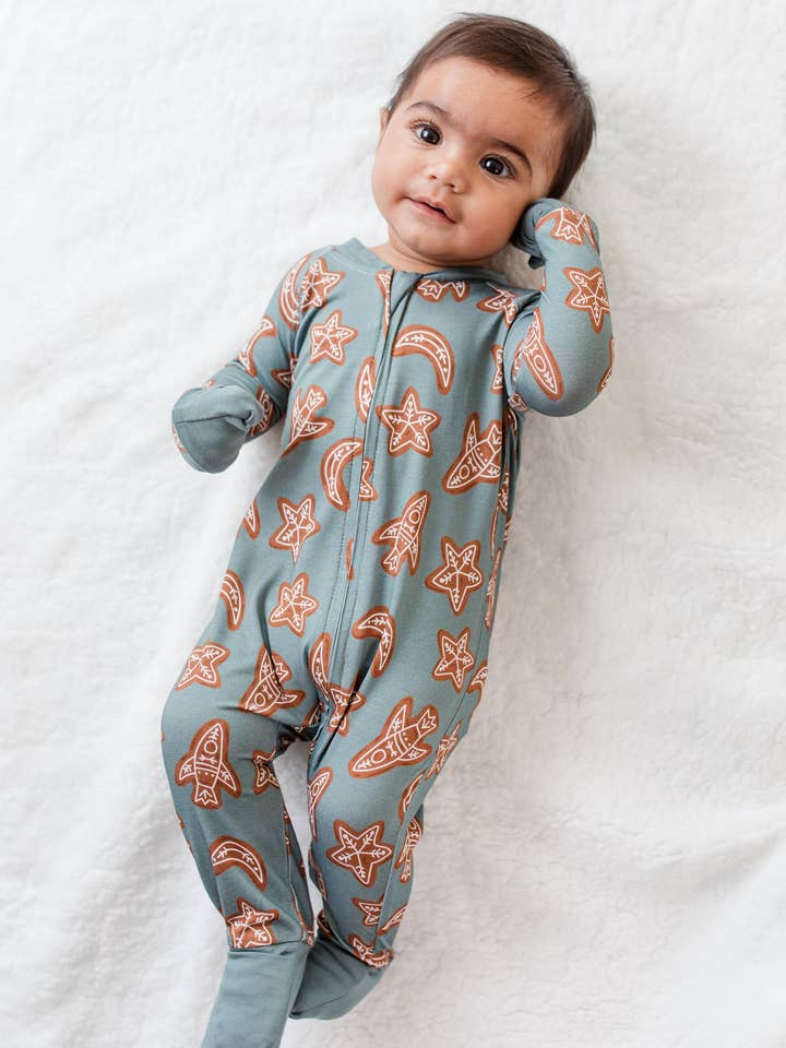 Bamboo Baby Pajamas Zip Up Sleeper - Ginger Space for wholesale by Moon Fruit Jammies
