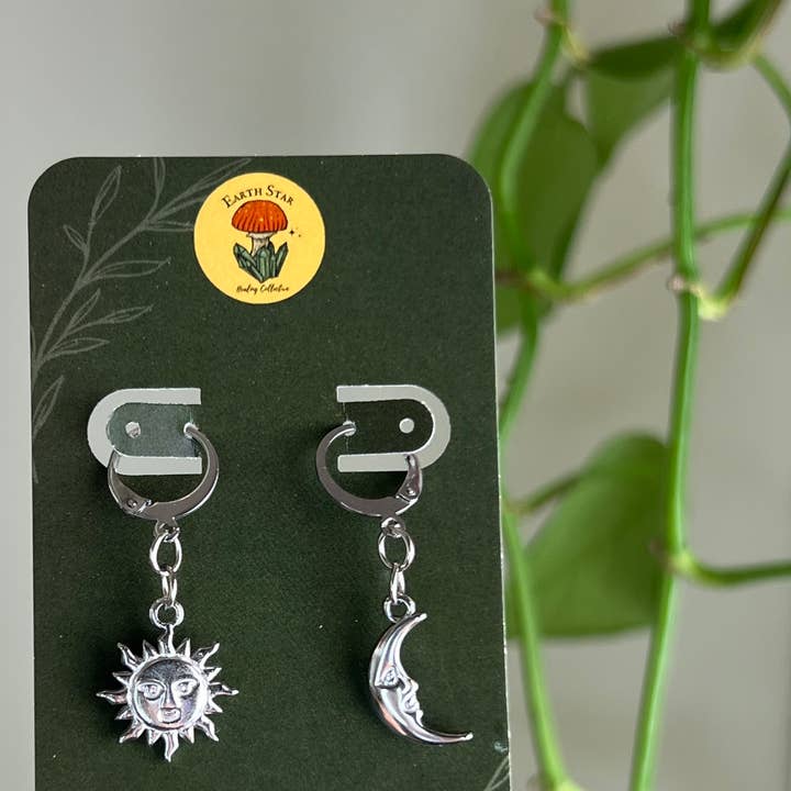 Sun and Moon Earrings - Silver - Steel - Celestial - Huggie for wholesale by Earth Star Healing Collective