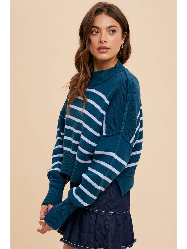 In Loom - Vente Pull en maille – femme - Pull rayé court à col montant