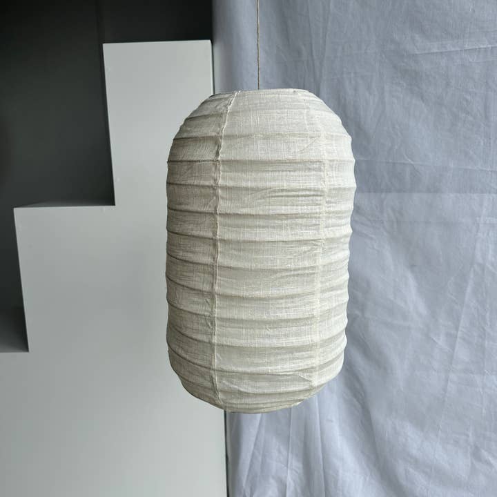 Office Objets - Wholesale Chandelier/hanging light - Small Japanese-style lantern-shaped pendant light in rattan and natural linen H50 D303