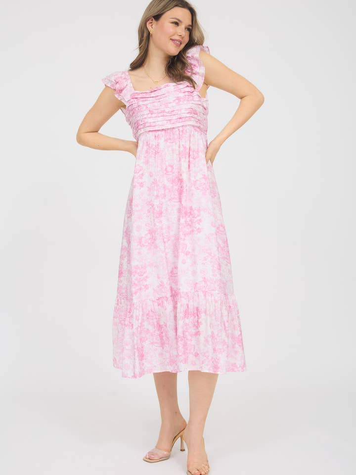 ABITO MIDI PLISSETTATO CON DETTAGLIO DI SPALLINE ARRICCIATE A FIORI per la vendita all'ingrosso da parte di Blu Pepper