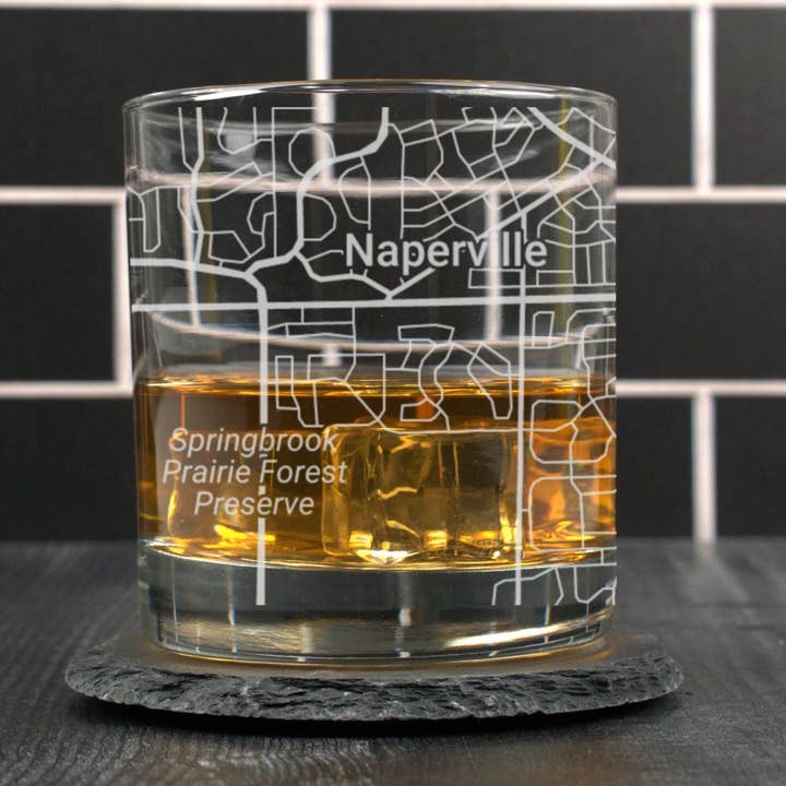 Naperville IL - Street Map - Engraved Whiskey Glass for wholesale by Blue Ridge Mountain Gifts