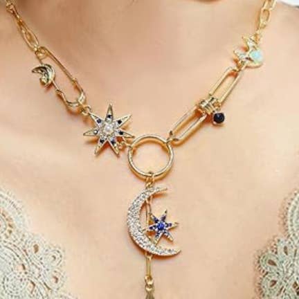 HoopLa - Wholesale Pendant/Charm Necklace - Celestial Coin Charm Hamsa Necklace Lariat Moon3