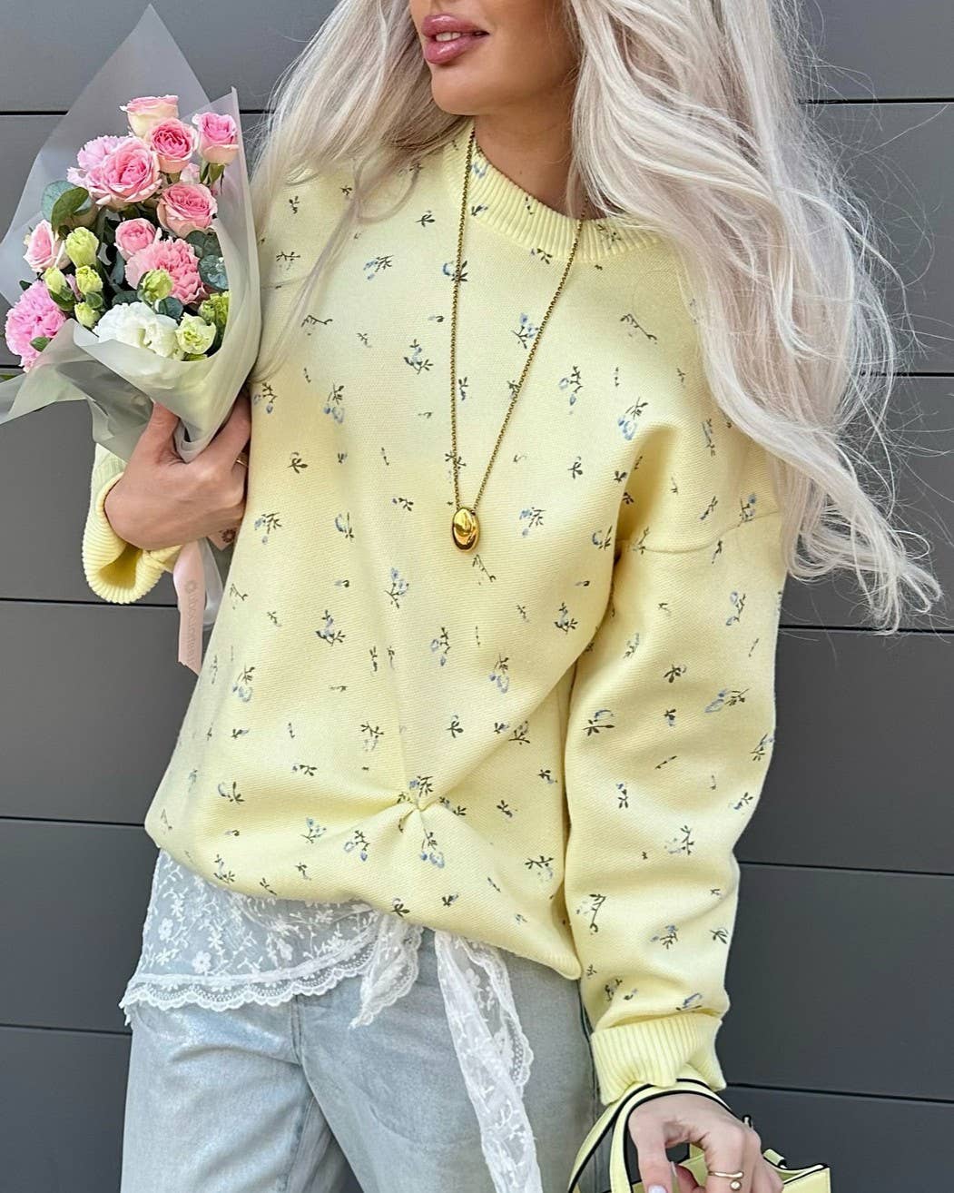 Yellow Cozy Floral Round Neck Loose Knit Sweater for wholesale on Faire3