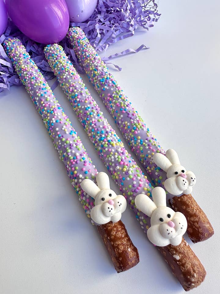 Lavender Easter Bunny Chocolate Covered Pretzels for wholesale by Delightful Chocolates