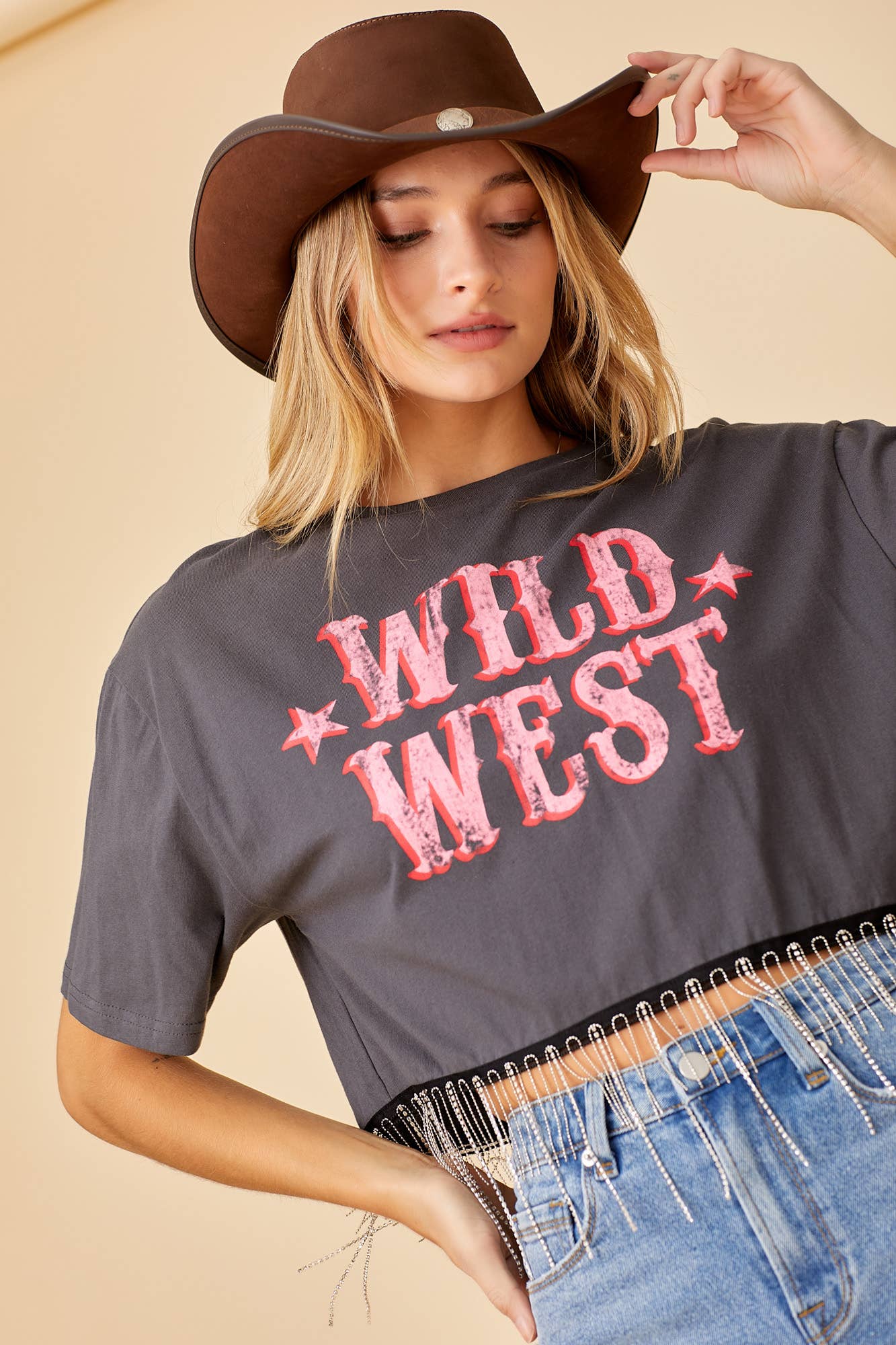 CHARCOAL WILD WEST CROP TOP WITH CHAIN FRINGE DETAIL for wholesale on Faire8