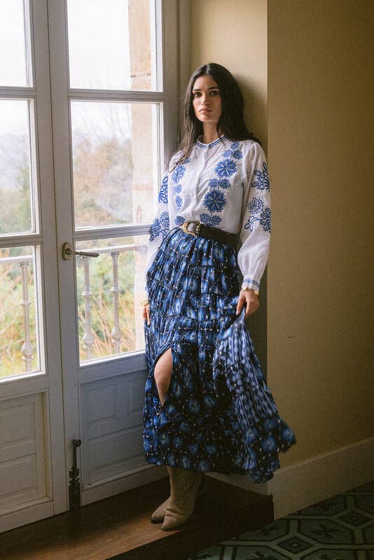 Piti Cuiti - Wholesale Blouse - Women's - DALIA BLUE EMBROIDERED SHIRT