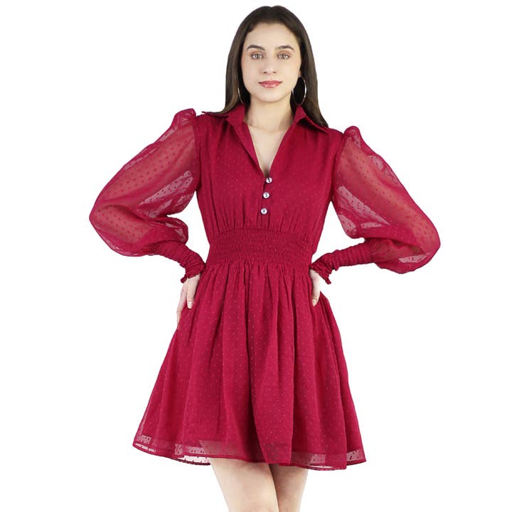 Vestido corto de gasa suiza con cuello y mangas largas abullonadas para mujer Artyska. para venta al por mayor de Artyska