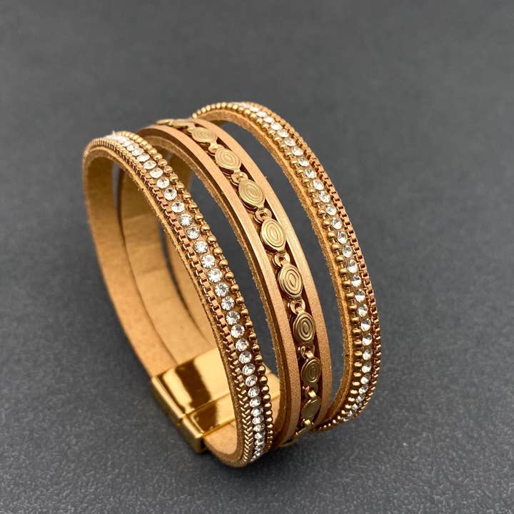 Mio Queena - Wholesale Bangle Bracelet - LB - Sparkling Rhinestone & Leather Triple-Layer Boho Bracelet5