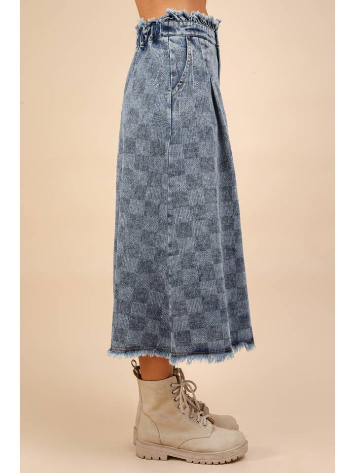 VERY J - Wholesale Skirt - Women's - VS50944-Washed Checkered Denim Midi Skirt