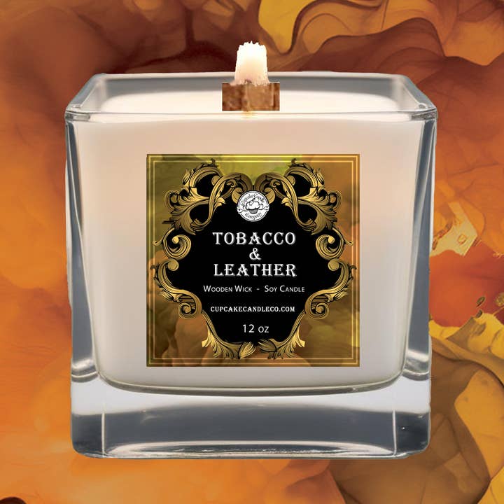 Men's Collection Tobacco & Leather Wood Wick Candle for wholesale by Cupcake Candle Company