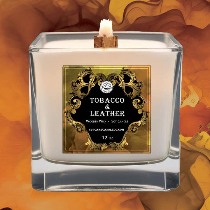 Men's Collection Tobacco & Leather Wood Wick Candle for wholesale by Cupcake Candle Company