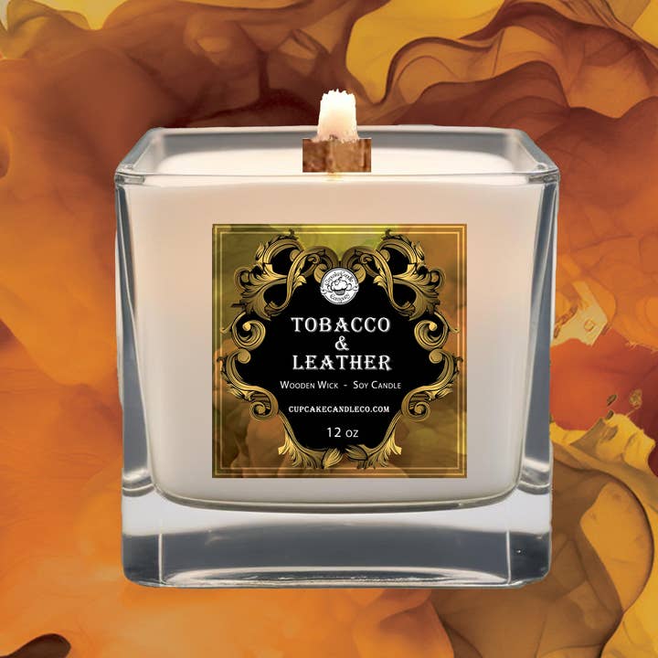 Men's Collection Tobacco & Leather Wood Wick Candle for wholesale by Cupcake Candle Company