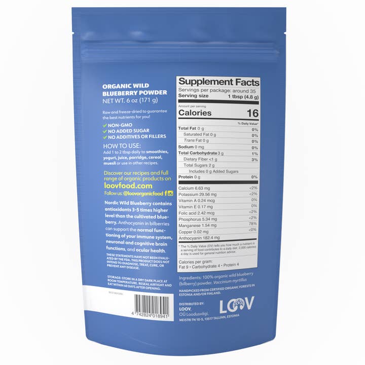 LOOV Organic Superfoods - Wholesale Protein/Superfood Powder - Freeze-Dried Organic Wild Blueberry Powder 6 oz