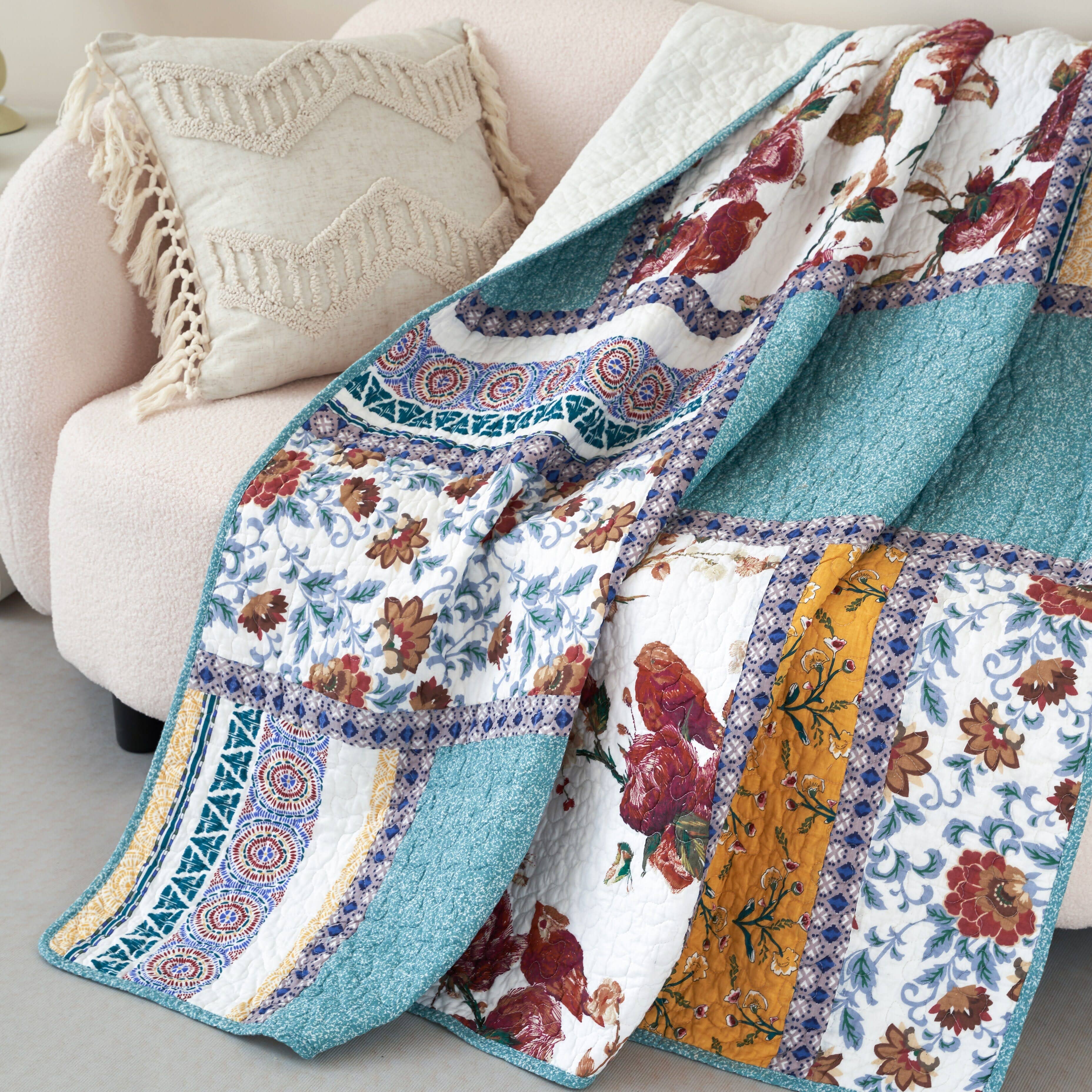 Tache Home Fashion - Wholesale Throw Blanket - Tache Cotton Patchwork Old World Garden Pastel Blue Yellow Red Hummingbirds Quilted Throw Blanket (JHW-936)4