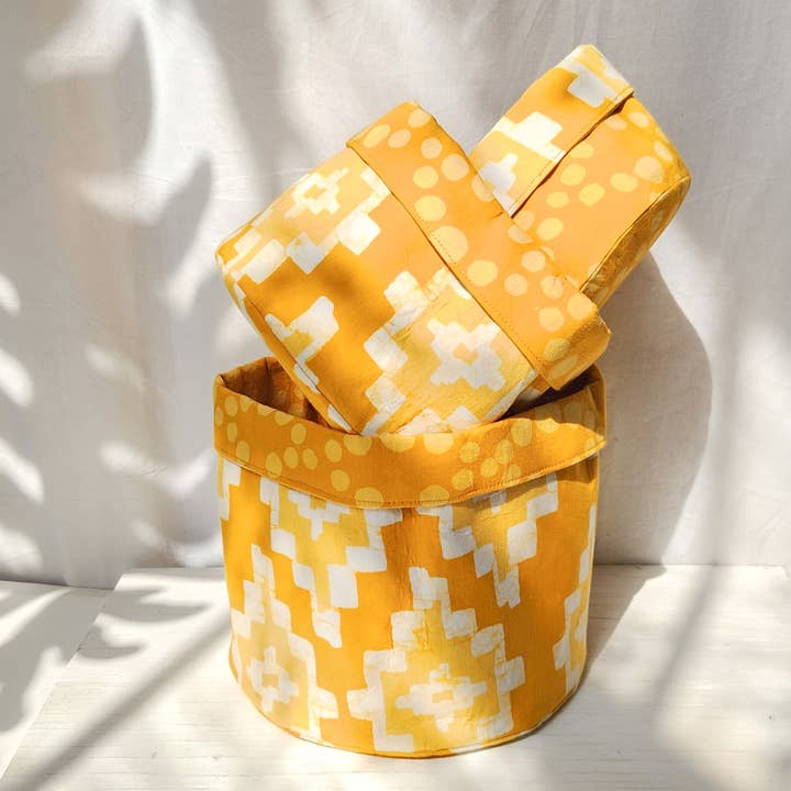 Global Mamas - Wholesale Storage Bin - Stackable Bins: Ikat - Gold-Organic1