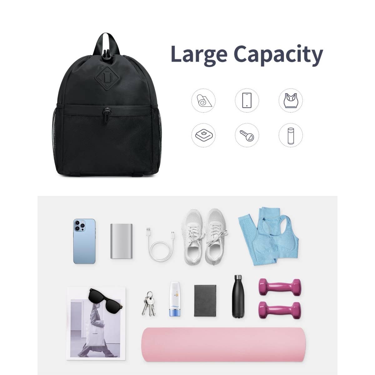 wandf - Vente Sac à cordon de serrage – unisexe - Sac à dos de sport avec cordon de serrage et sangle pour tapis de yoga49