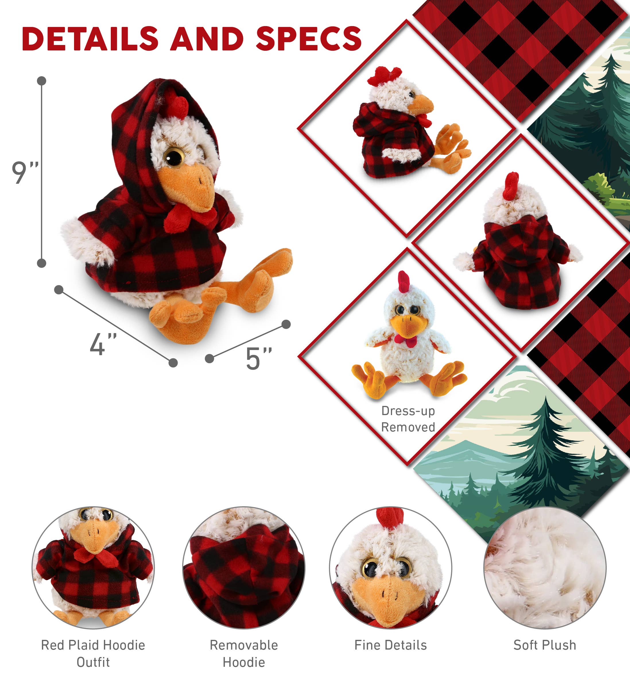 Cota Global - Wholesale Stuffed/Plush Toy - Kids & Baby - Plush Red Plaid Hoodie - Super-Soft Plush - Sitting Rooster2