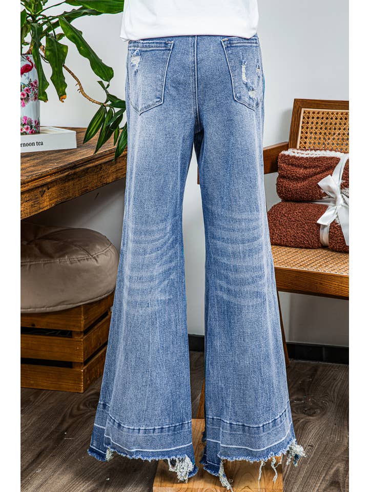 AS SHOWN Fashion-W Acid Wash Raw Hem High Waist Flared Jeans*6-16 for wholesale on Faire