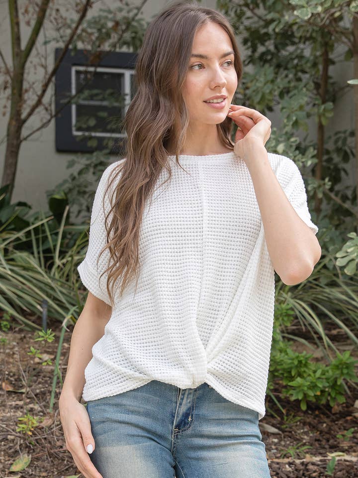 YMT20153V-MANGA CORTA DOLMAN DOBLADILLO TORCIDO TEJIDO WAFFLE SÓLIDO para venta al por mayor de You & Me