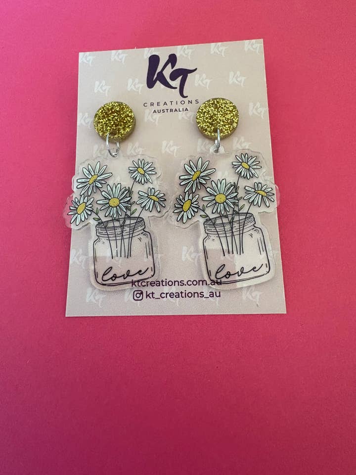 Daisy love printed acrylic dangles - teacher gift earrings for wholesale by KT Creations Australia