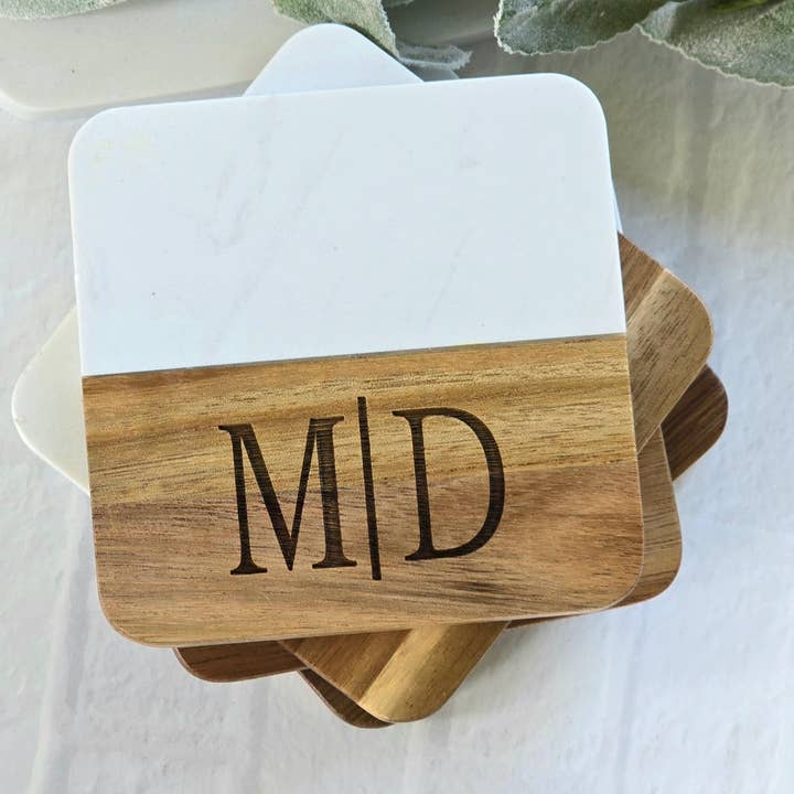 Personalized Marble + Acacia Square Coaster Set for wholesale by Stillwater Laser Engraving