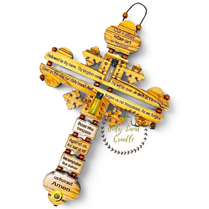 Olive Wood The Lord's Prayer Cross for wholesale by Holy Land Cradle