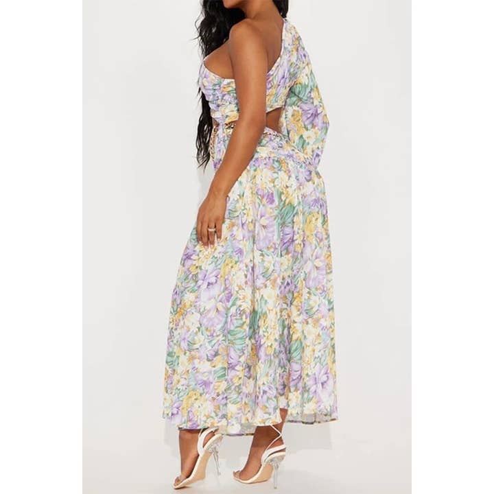 YELLOW PURPLE Floral Chain Detail One-Shoulder Bodysuit and Skirt Set for wholesale on Faire