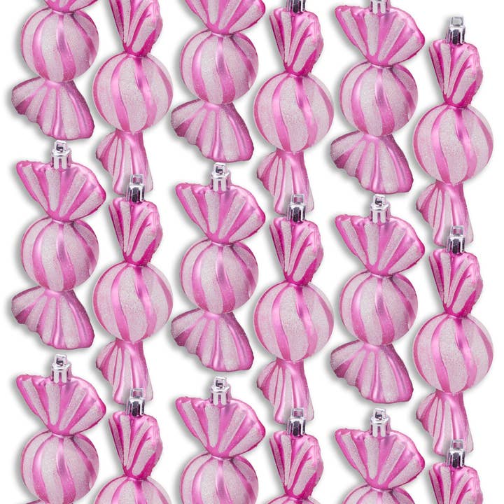 18 Pack of Pink and White Candy Ornaments with Glitter Enhancements for wholesale by Winterland Inc.
