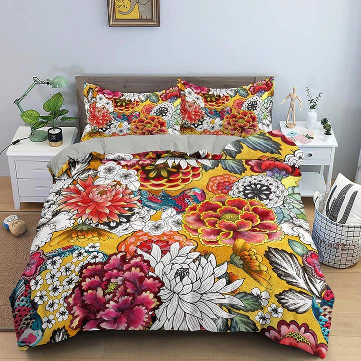 Färgglad dahlia blommig påslakan färgglada sängkläder, tonåring flicka sovrum, baby flicka spjälsäng sängkläder boho maximalist överkast estetiska sängkläder för wholesale av daintyduvet