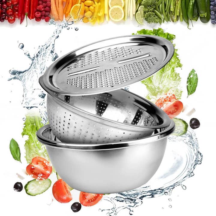 VIGOR - Wholesale Kitchen tool/gadget - 3-in-1 Stainless Steel Drain Basket & Veggie Slicer6