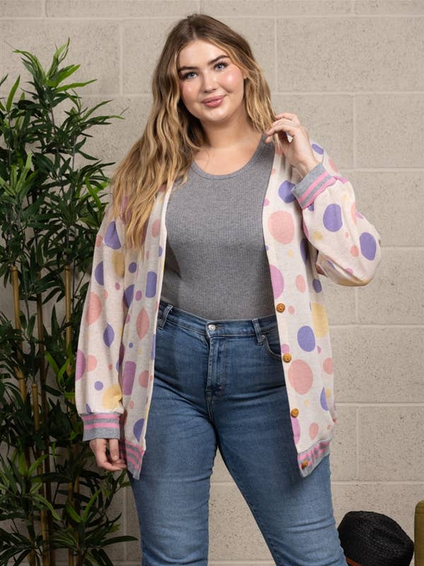 OATMEAL SWEET POLKA DOTS PRINT RIB STITCH PLUS SIZE COVER-UP for wholesale on Faire0