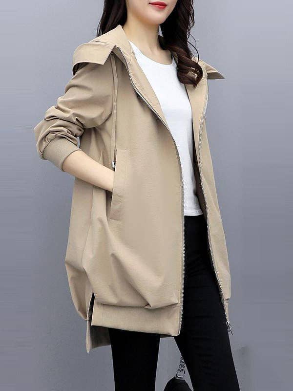 Sheer Trend - Wholesale Hoodie - Women's - Casual Loose 4 Colors Pleated Zipper Hooded Long Sleeves Outwear