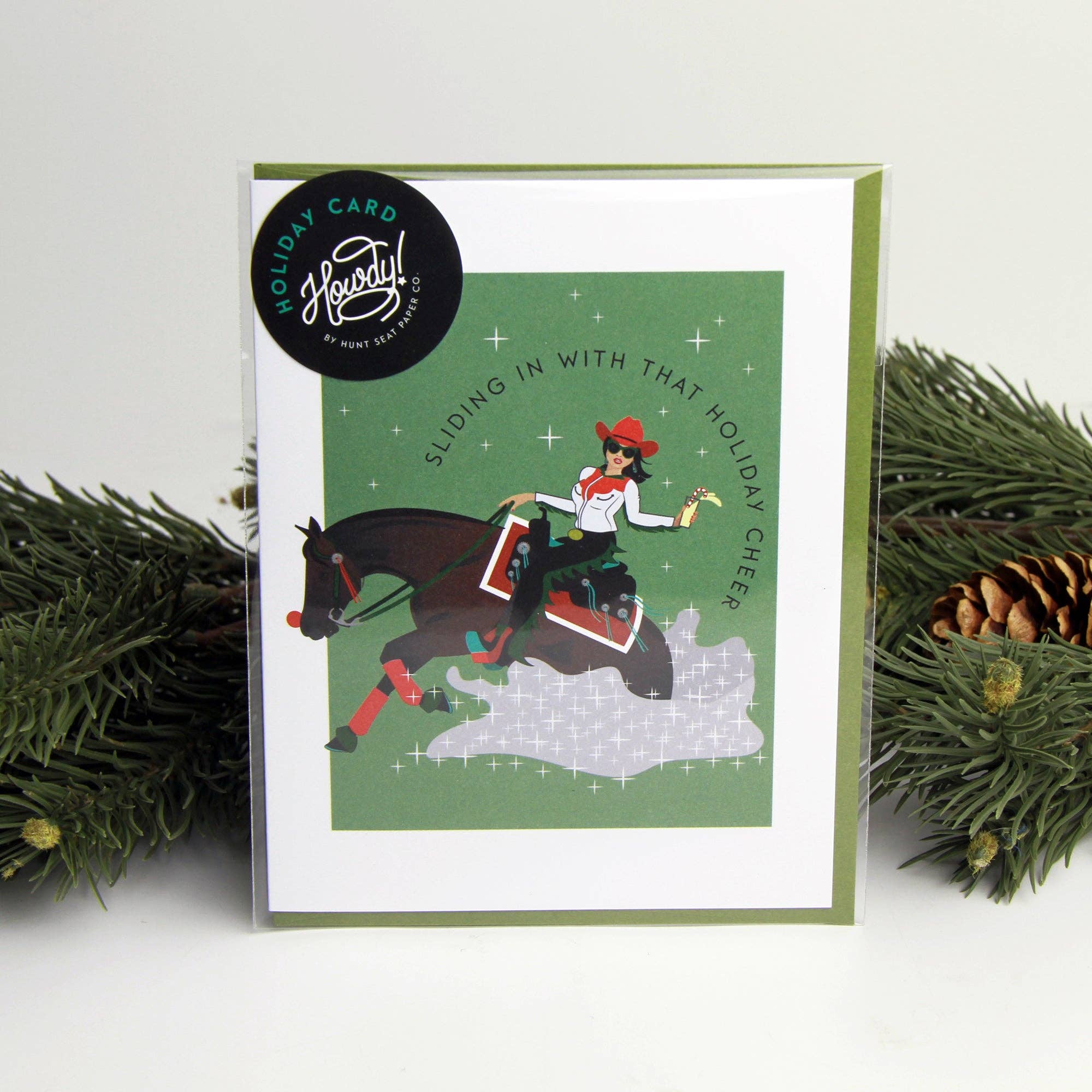 Hunt Seat Paper Co. - Wholesale Christmas Card - Sliding In Holiday Card - Reining Horse Cowgirl Christmas4