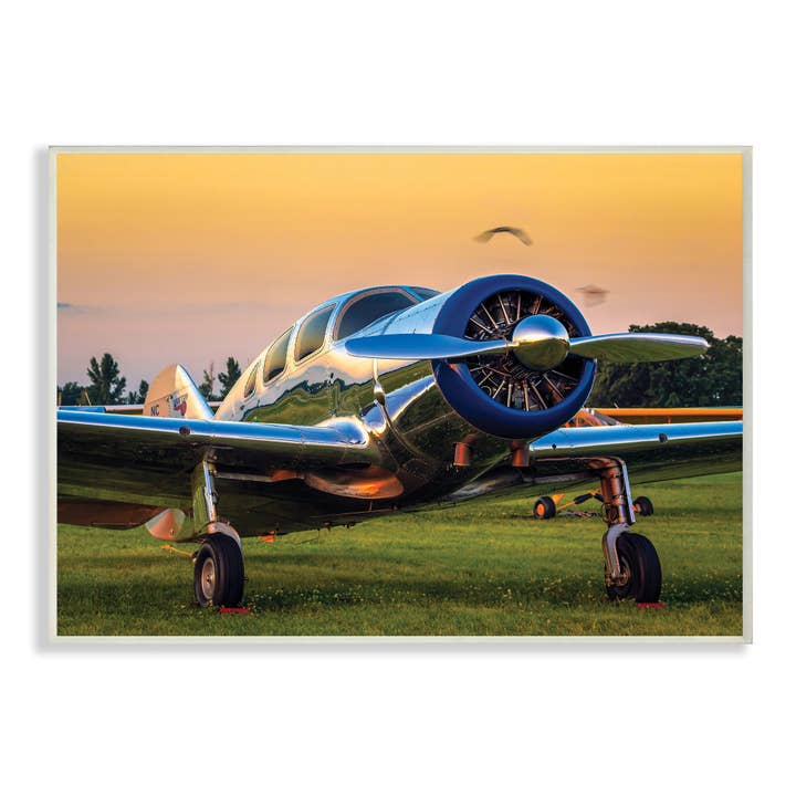 Stupell Industries - Wholesale Plaque - Jet Plane in Meadow Summer Sunset Reflection Wall Art