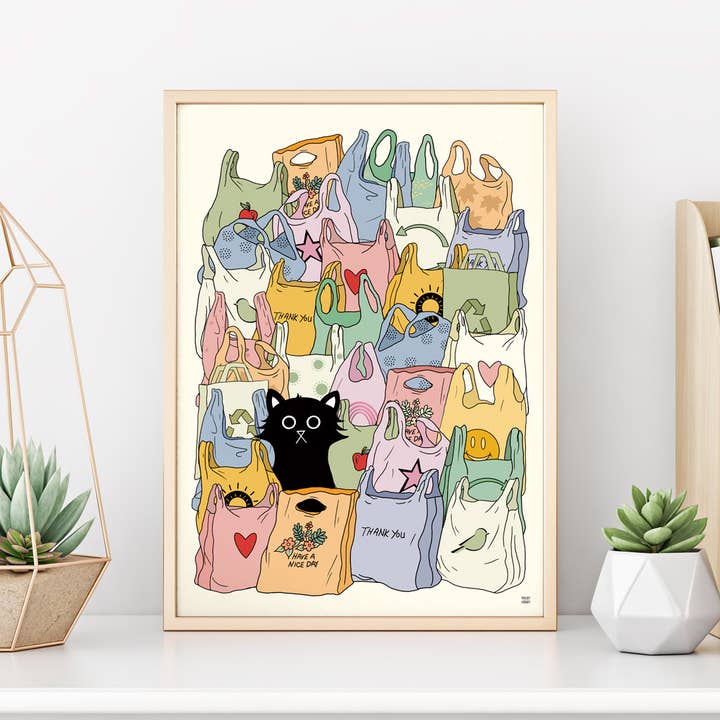 The Cat's Out Of The Bag 2 Wall Art Print, Congratulations Gift, Cat Art for wholesale by Baldy And The Fidget