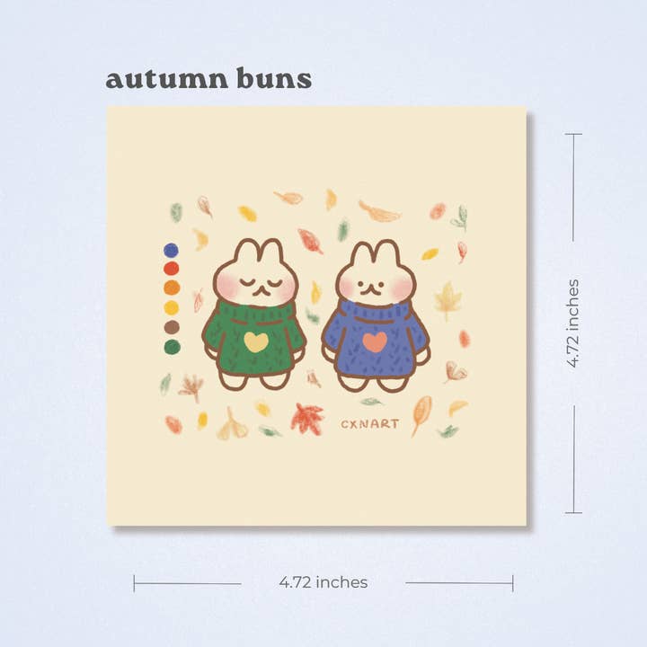 autumn sweater bunnies square art print postcard - 4.72x4.72 inches for wholesale by CXN ART