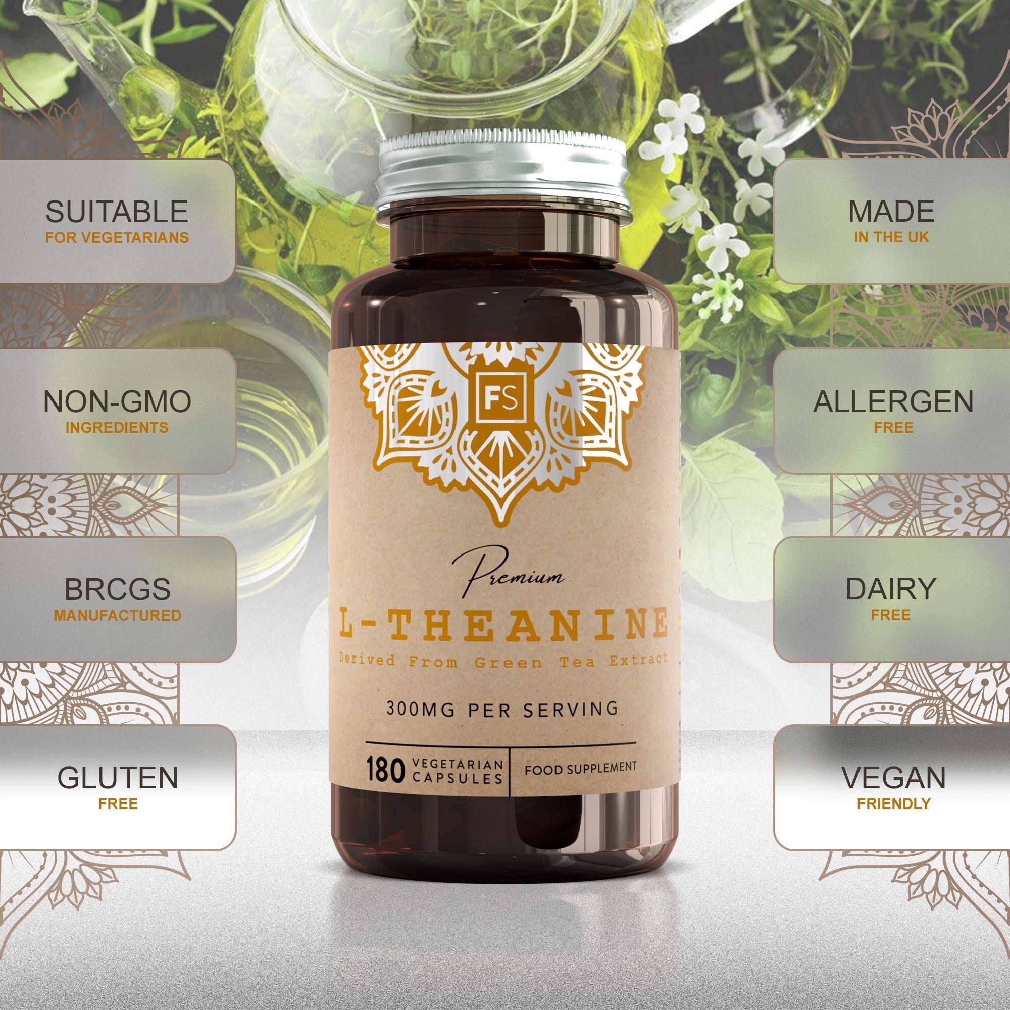 Focus Supplements - Venta al por mayor Suplementos/vitaminas para beber - L-teanina de extracto de té verde (300 mg) 180 cápsulas4