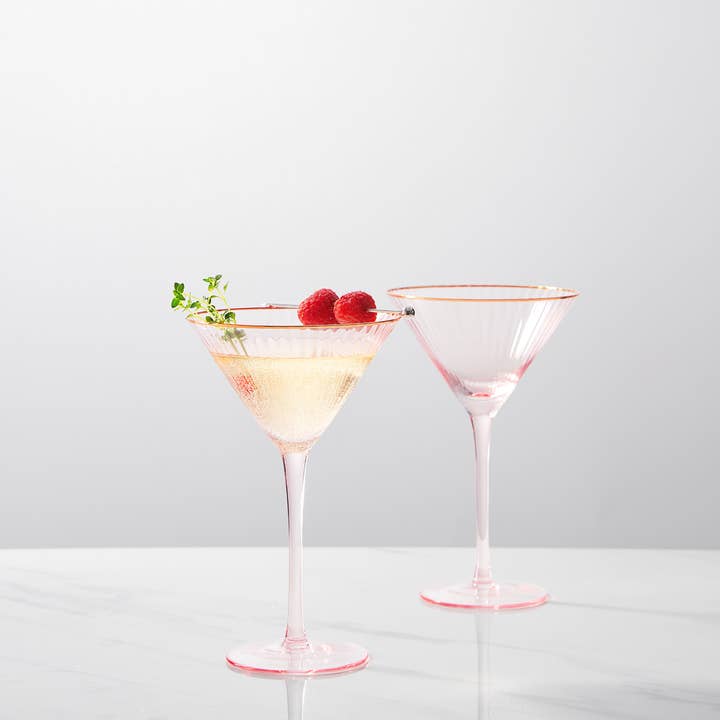 The Wine Savant / Khen Glassware - Wholesale Cocktail/Liquor Glass - Vintage Blush Pink Gold Rim Colored Martini Glasses | 2 Set