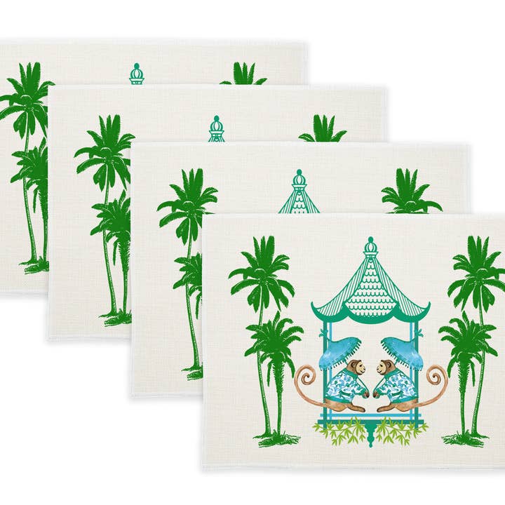 Marye-Kelley - Wholesale Placemat - Chic Monkey With Palms Aqua and Green Linen Placemats