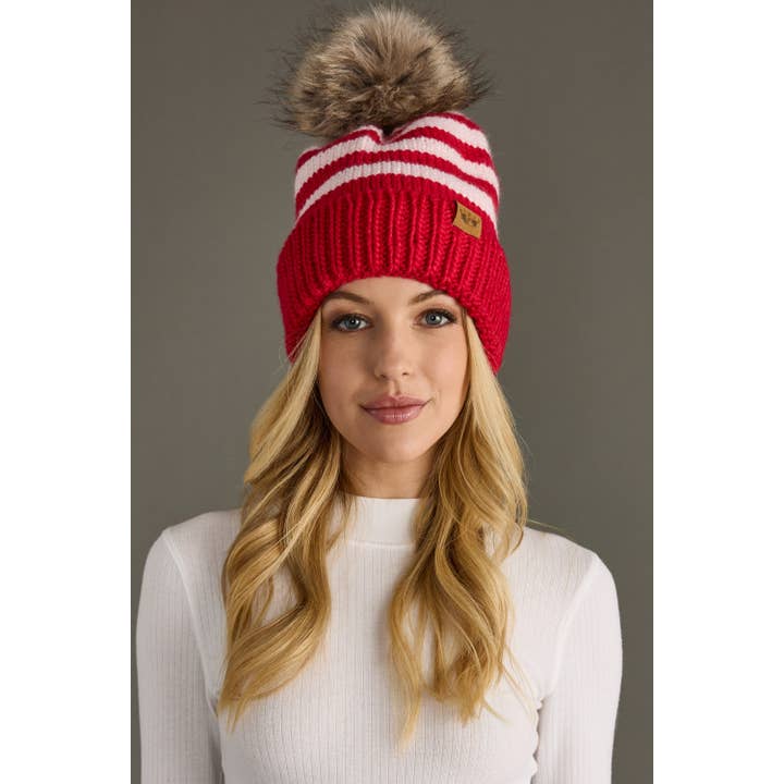 Panache Apparel Co. - Wholesale Beanie - Women's - Red & Pink Striped Pom Hat2