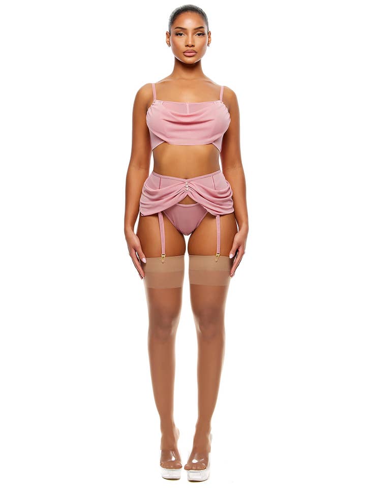 Princess Treatment Draped Mesh Bra and Garter Belt Lingerie Set - Mauve for wholesale on Faire