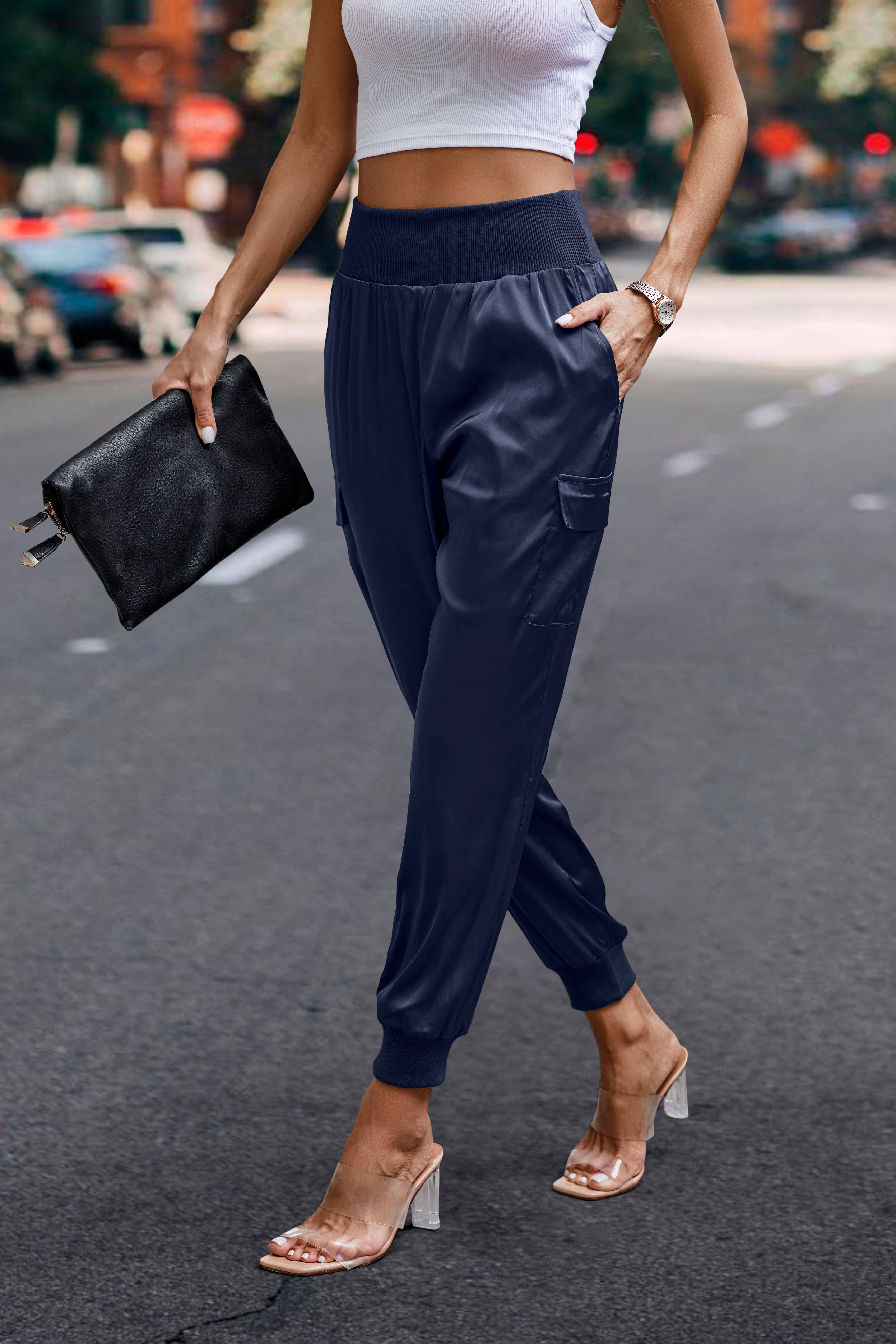 eLook - Wholesale Lounge Sweatpants/Joggers - Women's - SZ1-P0012 Satin Cargo Jogger with Ribbed Waist26