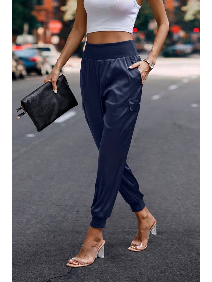 eLook - Wholesale Lounge Sweatpants/Joggers - Women's - SZ1-P0012 Satin Cargo Jogger with Ribbed Waist26