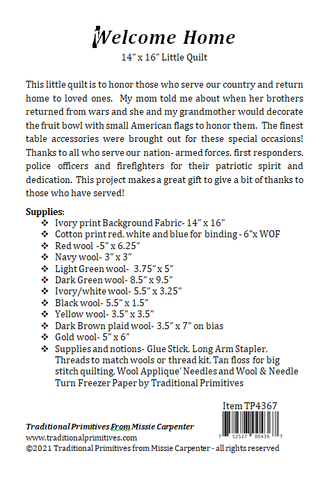 Traditional Primitives - Wholesale Craft Sewing Kit - Welcome Home Wool Applique Pattern1